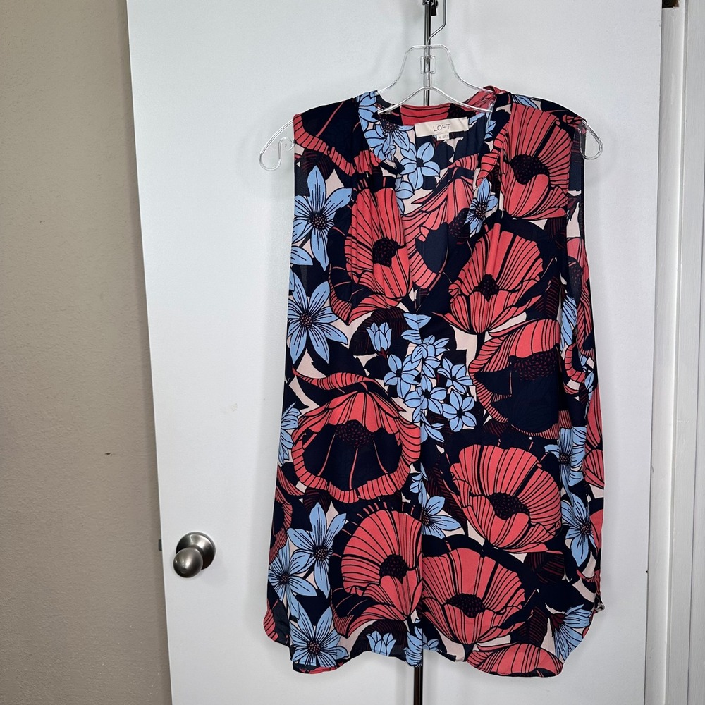 LOFT Womens XL Floral Sleeveless Blouse Navy Blue Coral Pink Split Neck Top